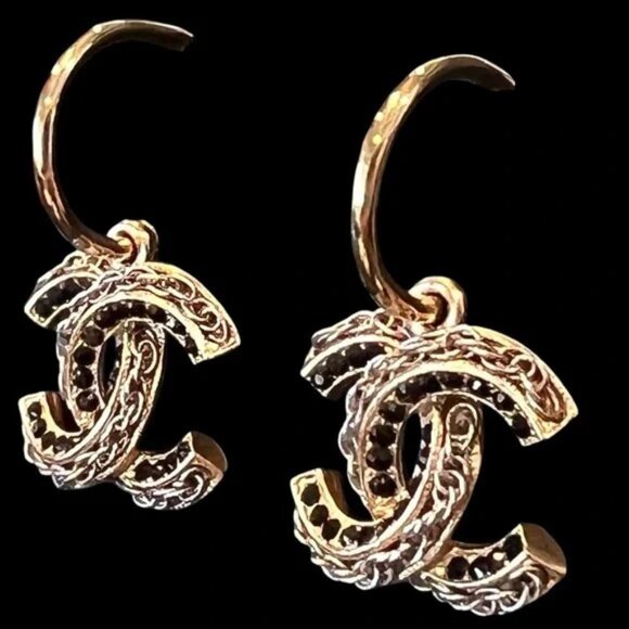 Chanel Gold Chain and Black Strauss Rhinestones Hoop Earrings - Picture 3 of 8